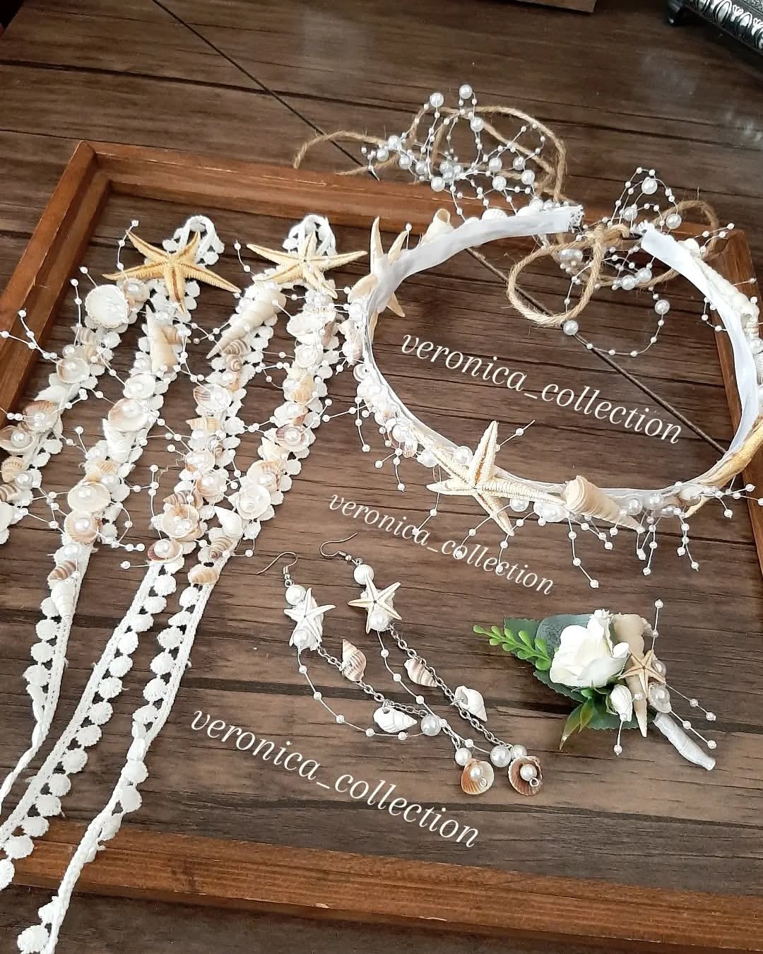 ست جاحلقه ای صدفی عروس وتاج دریایی و پابند و گوشواره و گل داماد